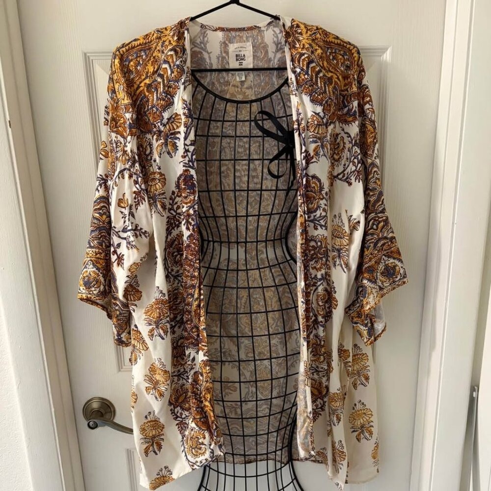 Billabong Small Boho Paisley Kimono Cardigan 100% Rayon Open Front White